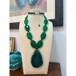 Natural Green Stone Slab Slice Heavy Statement Necklace w/ Sterling Clasp